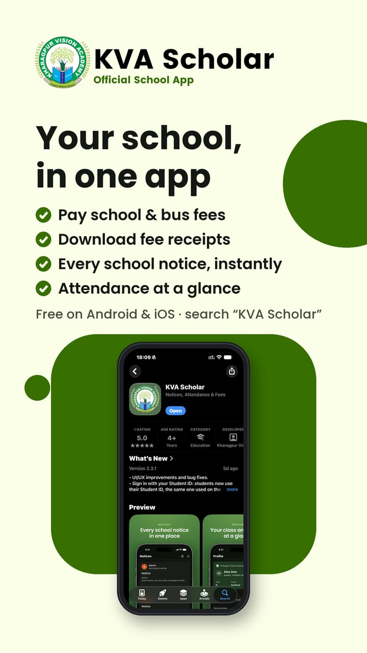 KVA Scholar, the official school app: pay school and bus fees, download fee receipts, every school notice and attendance at a glance. Scan the QR codes to download it from the App Store or Google Play.